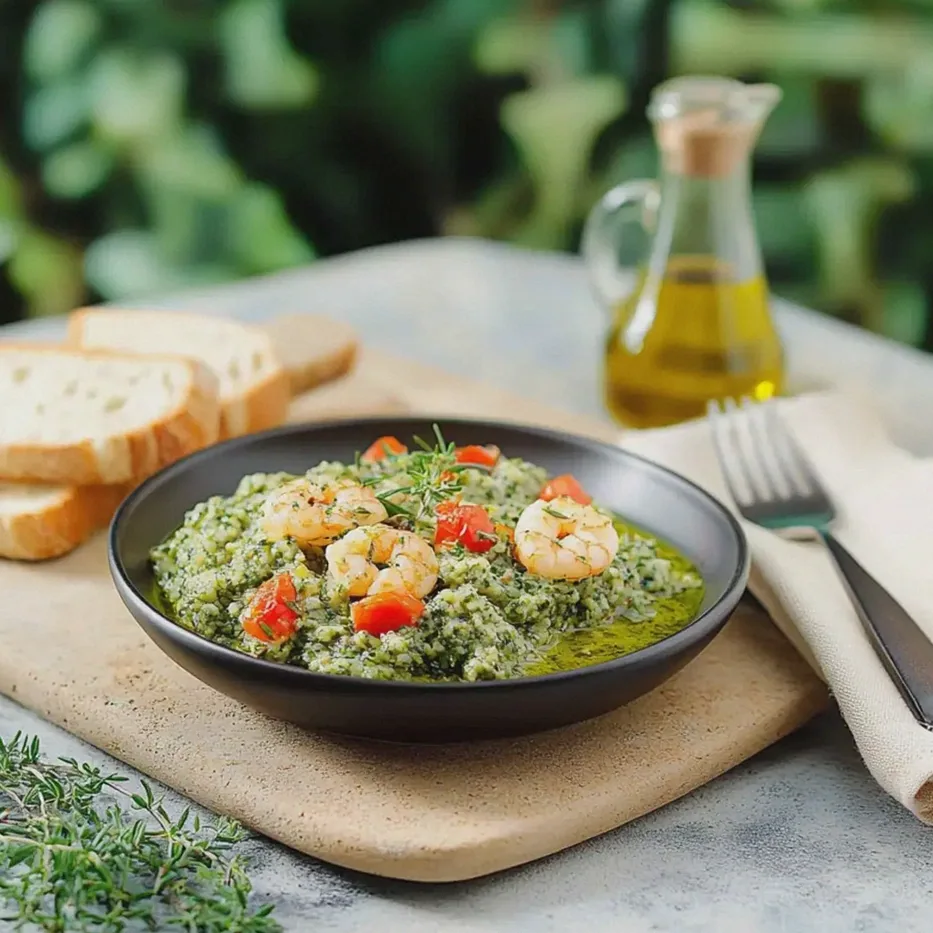 Brokkolisotto mit Garnelen und frischen Tomaten