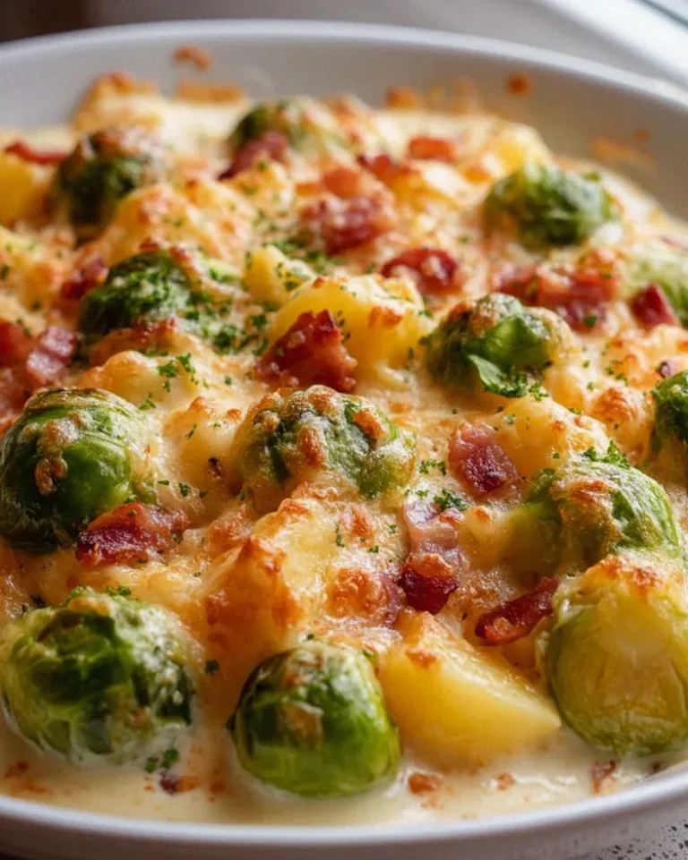 Cremiger Rosenkohlauflauf mit Kartoffeln und Putenspeck genießen!