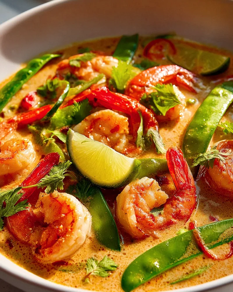 Cremiges Thai Kokos Curry mit Garnelen & frischer Limette