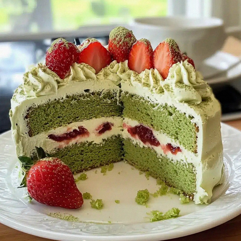 Erdbeer-Matcha-Kuchen mit leichter Sahne drauf