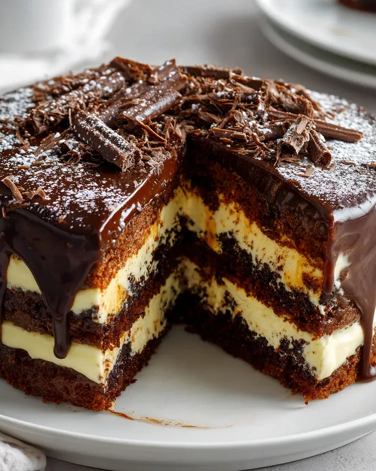 Frischkäse Brownie Layer Cake mit köstlicher Schokoladenglasur