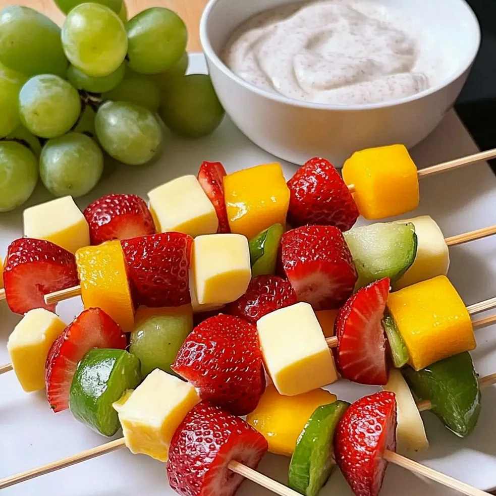 Fruchtspieße mit Käse und Zimt-Joghurt Dip