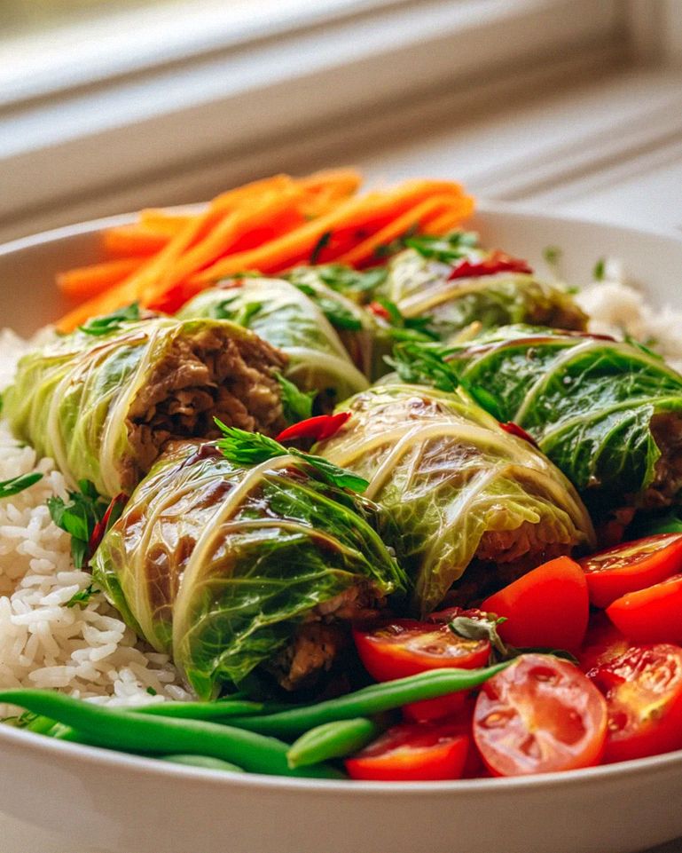 Kohlrouladen Bowl mit Reis und frischem Gemüse genießen!
