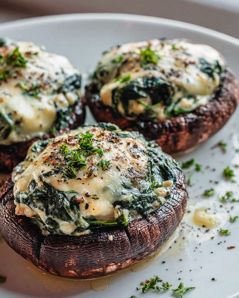 Portobello-Pilze gefüllt mit cremigem Mozzarella-Spinat