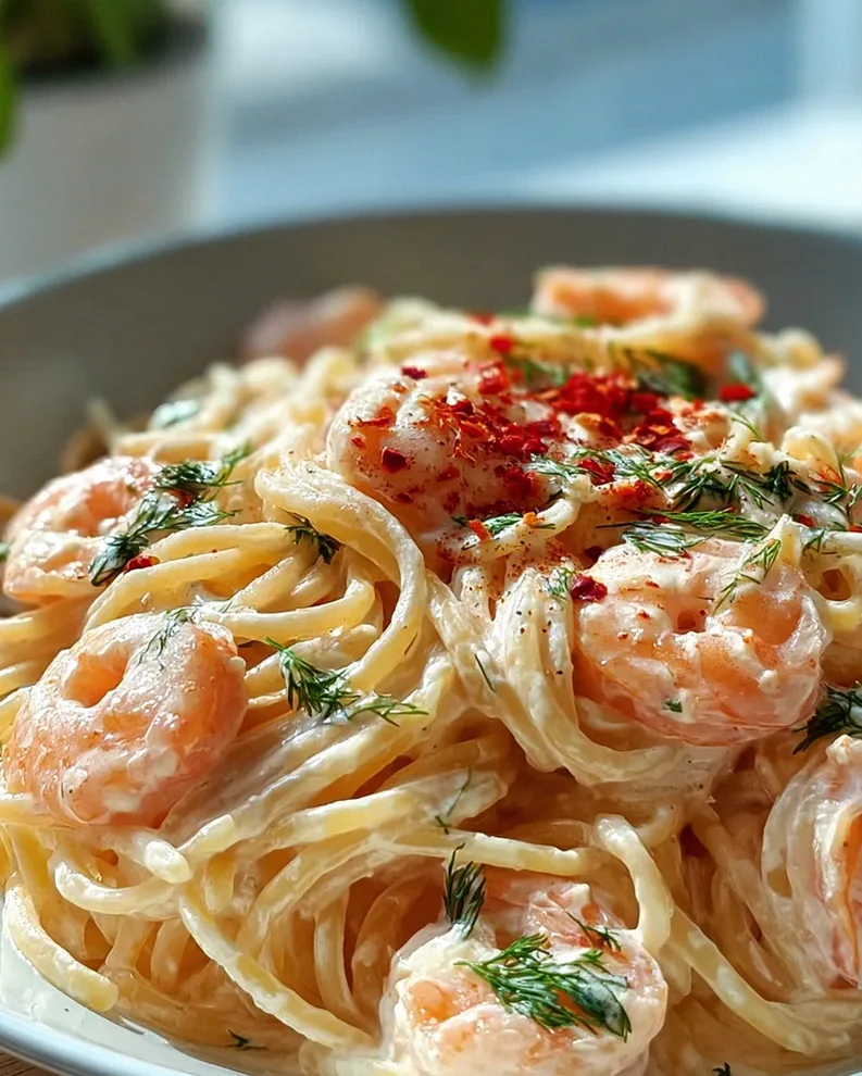 Spaghetti with Shrimp in Creamy Cream Cheese Sauce