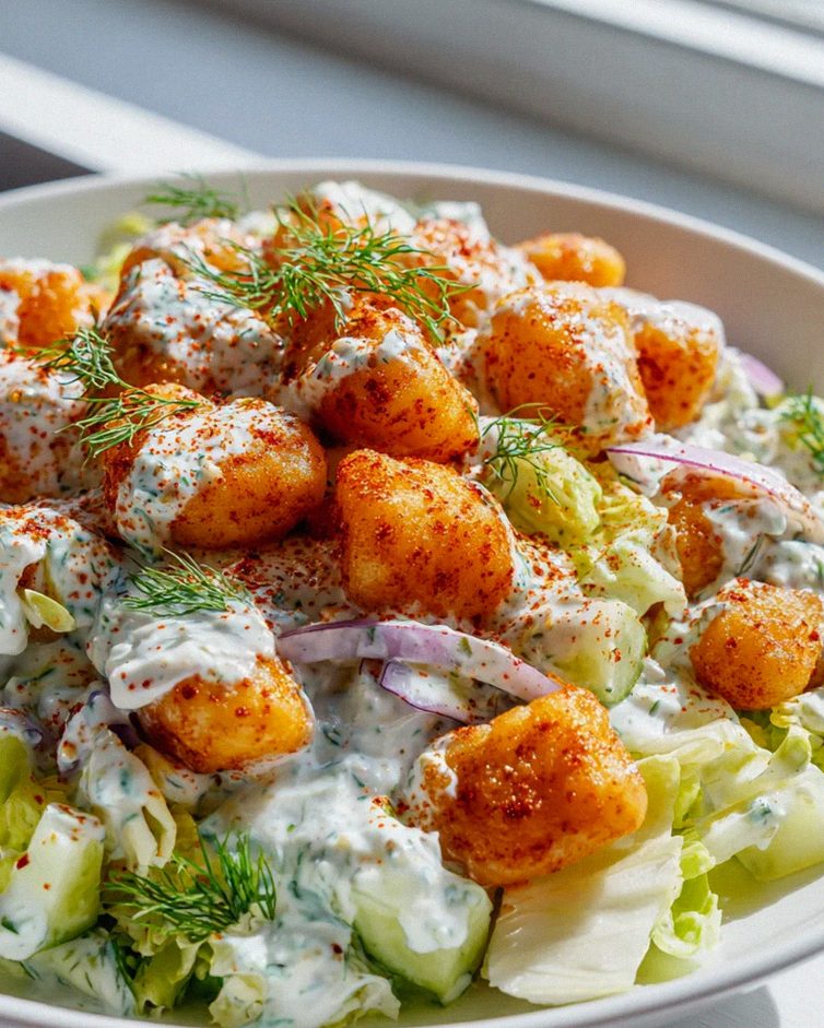 Super knuspriger Gnocchi Salat mit cremigem Joghurt-Dressing